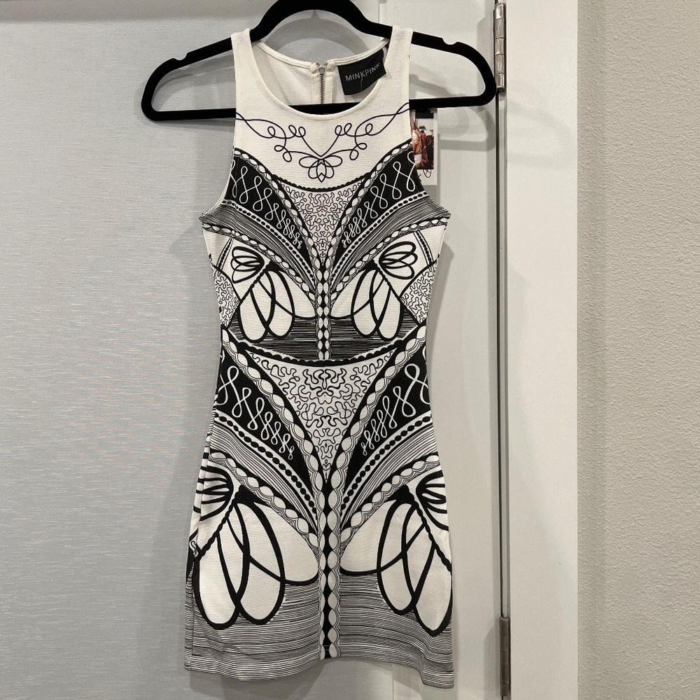 Mink pink off white & black abstract dress